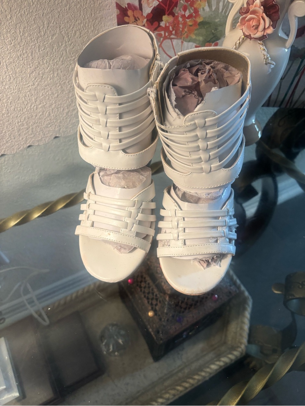 Pink & Pepper White Strappy High Ankle Heels